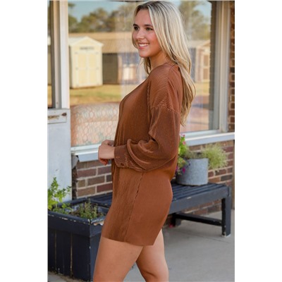 Ribbed Long Sleeve Button Front Romper