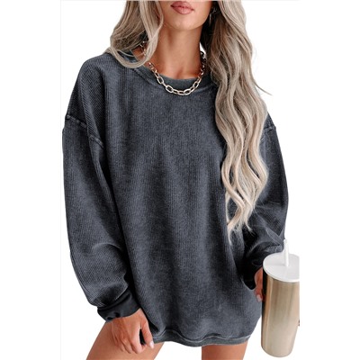 Gray Solid Ribbed Knit Round Neck Pullover Sweatshirt