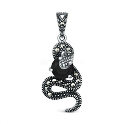 Подвеска змея из чернёного серебра с плавленым кварцем цвета чёрный и марказитами GAP3130ч