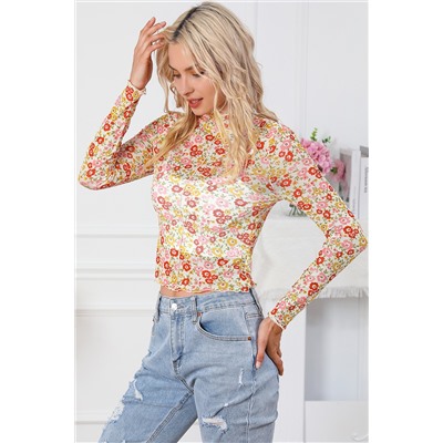 Multicolor Floral Lettuce Hem Long Sleeve Top