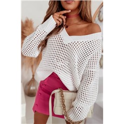 White Hollow Out Knitted Loose Fit V Neck Sweater