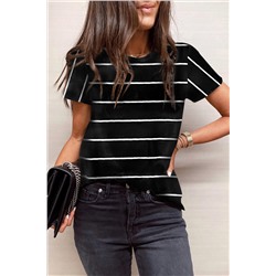 Black Round Neck Striped Print T-shirt