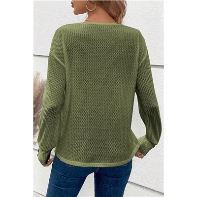 Jungle Green Textured Knit V Neck Button Cuffs Long Sleeve Top