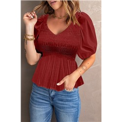 Red Puff Sleeve Smocked Top
