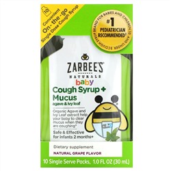 Zarbee's, Baby, Cough Syrup + Mucus with Organic Agave and Ivy Leaf, On-the-Go, Natural Grape Flavor, 10 Single Serve Packs, 1.0 fl oz (30 ml) Each