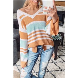 Multicolor Colorblock Stripe Long Sleeve Split Sweater