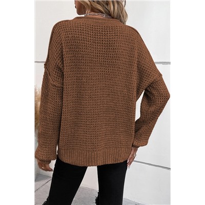 Coffee Pointelle Knit Button V Neck Drop Shoulder Sweater