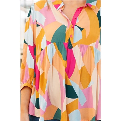 Multicolor Geometric Print Bracelet Sleeve Henley Blouse