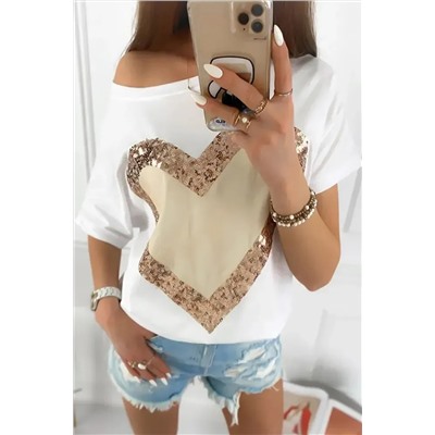 White Valentine's Day Sequined Heart Crew Neck Short Sleeve Top