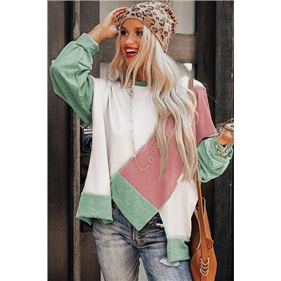 Colorblock Stitching Irregular Hem Long Sleeve Top