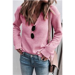 Pink Ribbed Knit V Neck Sweater