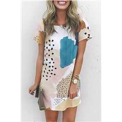 Бежевое платье-футболка с разноцветными вставками и леопардовым принтом