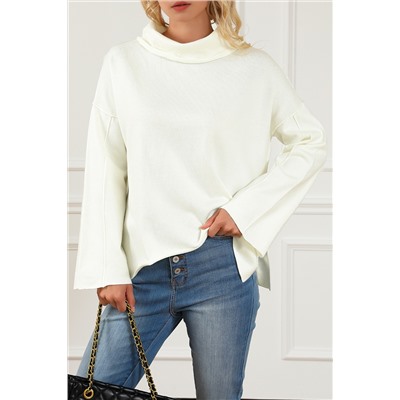 White Expose Seam Turtle Neck Side Slit Oversized Sweater