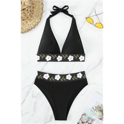 Black Floral Banded Halter High Waisted Swimsuit