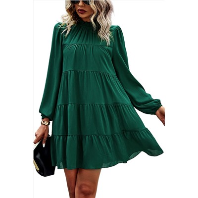 Зеленое многоярусное платье мини с объемным рукавом