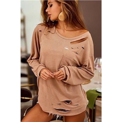 Khaki Distressed Cutout Long Sleeve Casual Top