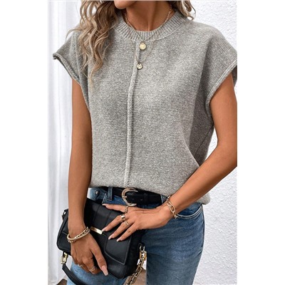 Gray Crew Neck Center Seamed Short Sleeve Sweater