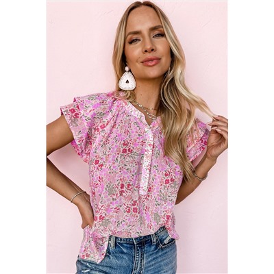 Pink Floral Mandarin Collar Top