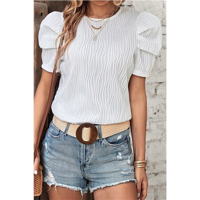 White Textured Short Puff Sleeve Tee