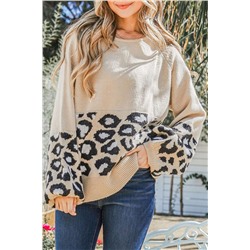 Khaki Leopard Patchwork Knitted Puff Sleeve Sweater