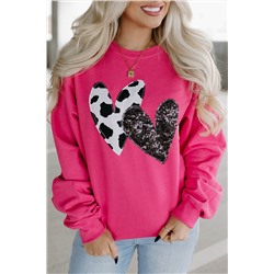 Strawberry Pink Cow & Sequin Double Heart Patch Graphic Sweatshirt