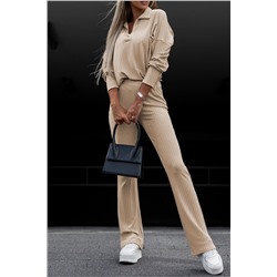 Khaki Wide Ribbed Textured Turn-down Pullover Pants Outfit