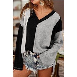 Black Colorblock Long Sleeve V Neck Top