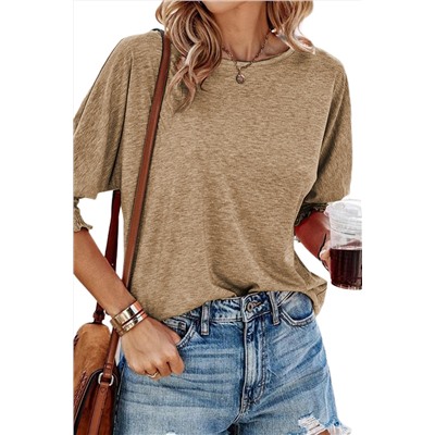 Khaki Smocked 3/4 Sleeve Casual Loose Top