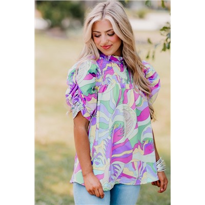 Green Abstract Print Bubble Sleeve Smock Detail Blouse