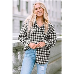 Black Plaid Print Chest Pockets Buttoned Tunic Shacket