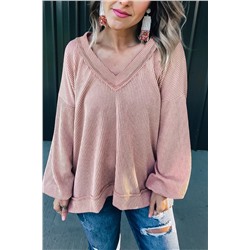 Peach Blossom Loose V Neck Bubble Sleeve Knit Ribbed Top