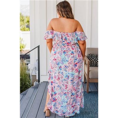 Pink Sea Shell Print Ruffled Sleeve Plus Size Maxi Dress