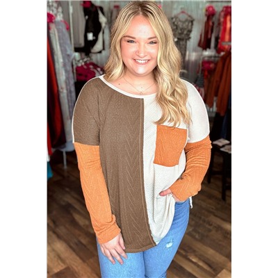 Chestnut Plus Size Color Block Textured Patchwork Top with Pocket