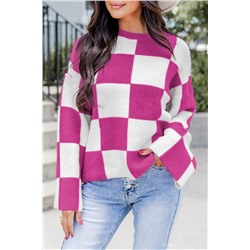 Bright Pink Checkered Round Neck Baggy Sweater