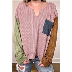 Pink Colorblock Rib Textured Loose Long Sleeve Top