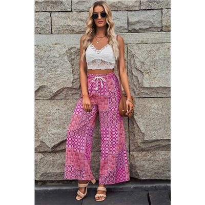 Purple Boho Patchwork Print Drawstring Wide Leg Pants