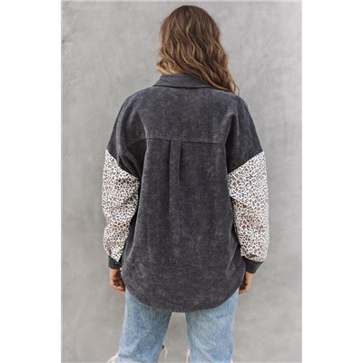 Gray Leopard Patchwork Corduroy Buttoned Shirt Jacket