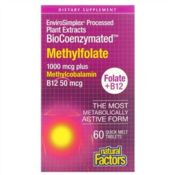 Natural Factors, BioCoenzymated, метилфолат, 1000 мкг, 60 быстрорастворимых таблеток
