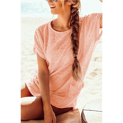 Розовая пляжная туника с карманами и коротким рукавом