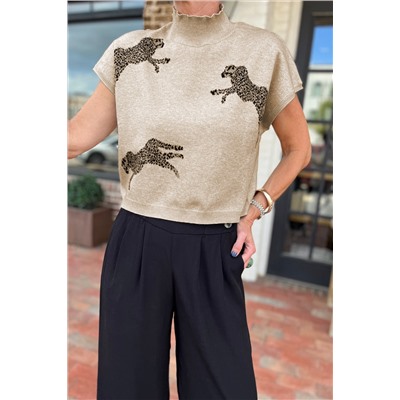 Apricot Lively Cheetah Pattern High Neck Short Sleeve Sweater