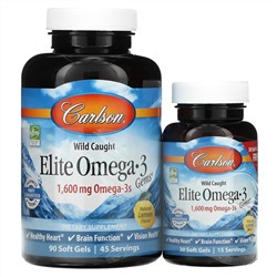 Carlson Labs, Wild Caught, Elite Omega-3 Gems, отборные омега-3 кислоты, натуральный лимонный вкус, 1600 мг, 90 +30 мягких таблеток