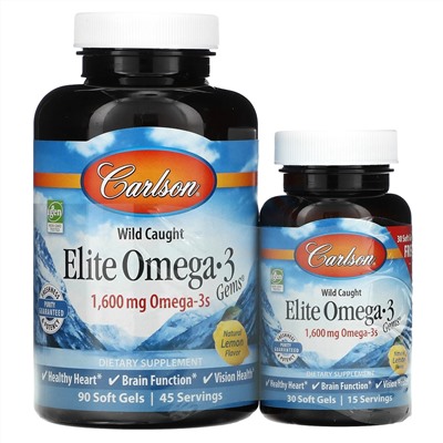 Carlson Labs, Wild Caught, Elite Omega-3 Gems, отборные омега-3 кислоты, натуральный лимонный вкус, 1600 мг, 90 +30 мягких таблеток