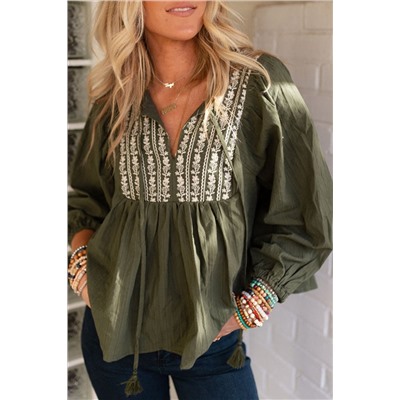 Green Embroidered Split Neck Pleated Loose Blouse