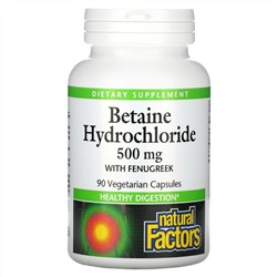 Natural Factors, бетаина гидрохлорид с пажитником, 500 мг, 90 вегетарианских капсул
