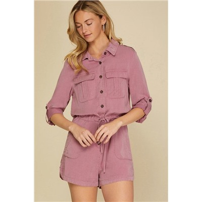 Peach Blossom Roll up Sleeve Flap Pockets Drawstring Playsuit