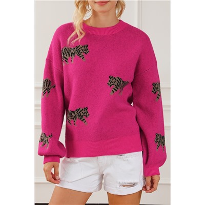 Rose Red Fierce Animal Pattern Casual Knitted Sweater