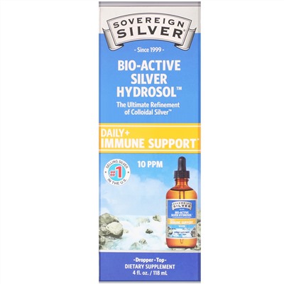 Sovereign Silver, Bio-Active Silver Hydrosol с капельным дозатором, 10 ч/млн, 118 мл (4 жидких унции)