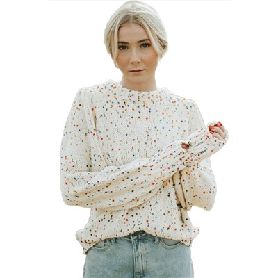 Beige Colorful Dots Cable Knit Crew Neck Sweater