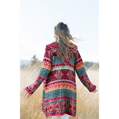 Rose Boho Aztec Knitted Pom Pom Tie Hooded Cardigan