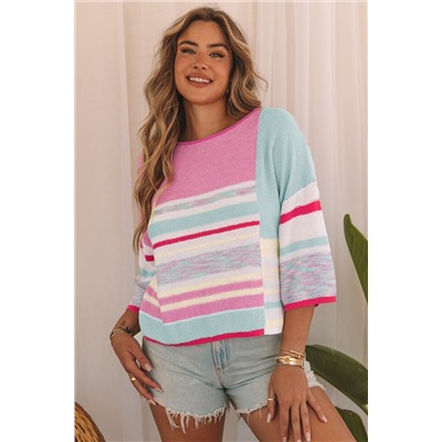 Pink Color Block Striped Three-Quarter Sleeve Knitted Top